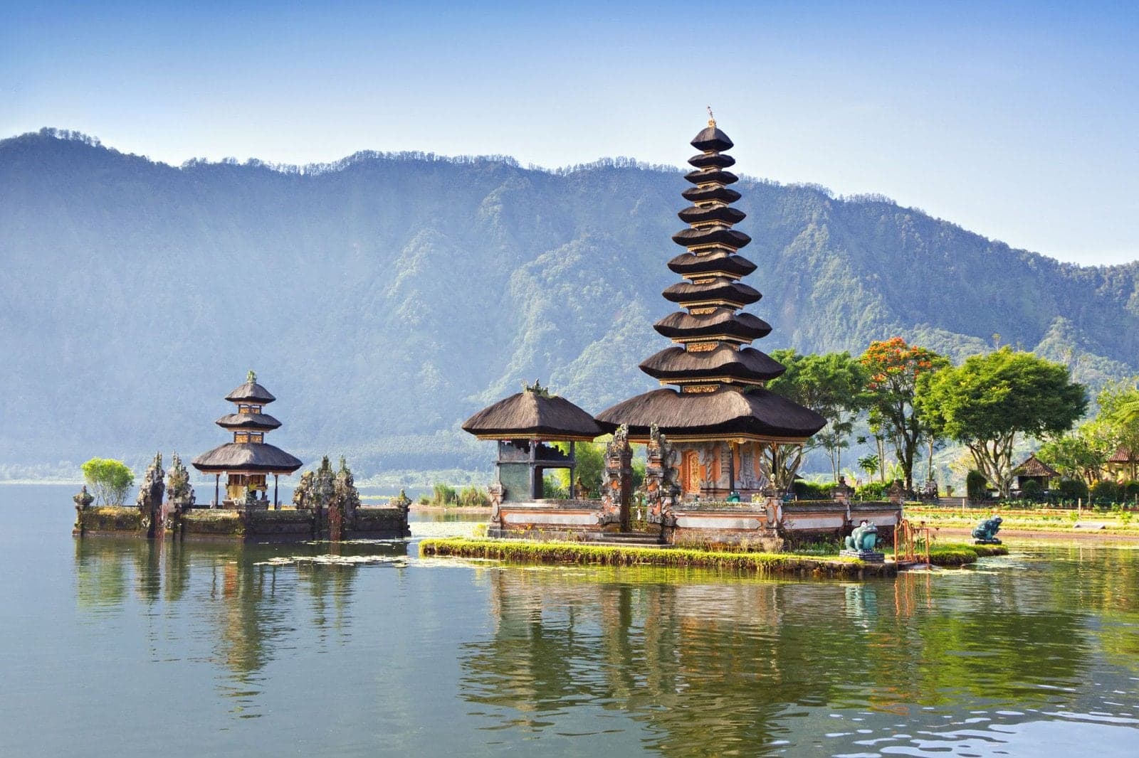 Ulun Danu temple standing on the water of a Bali crater lake