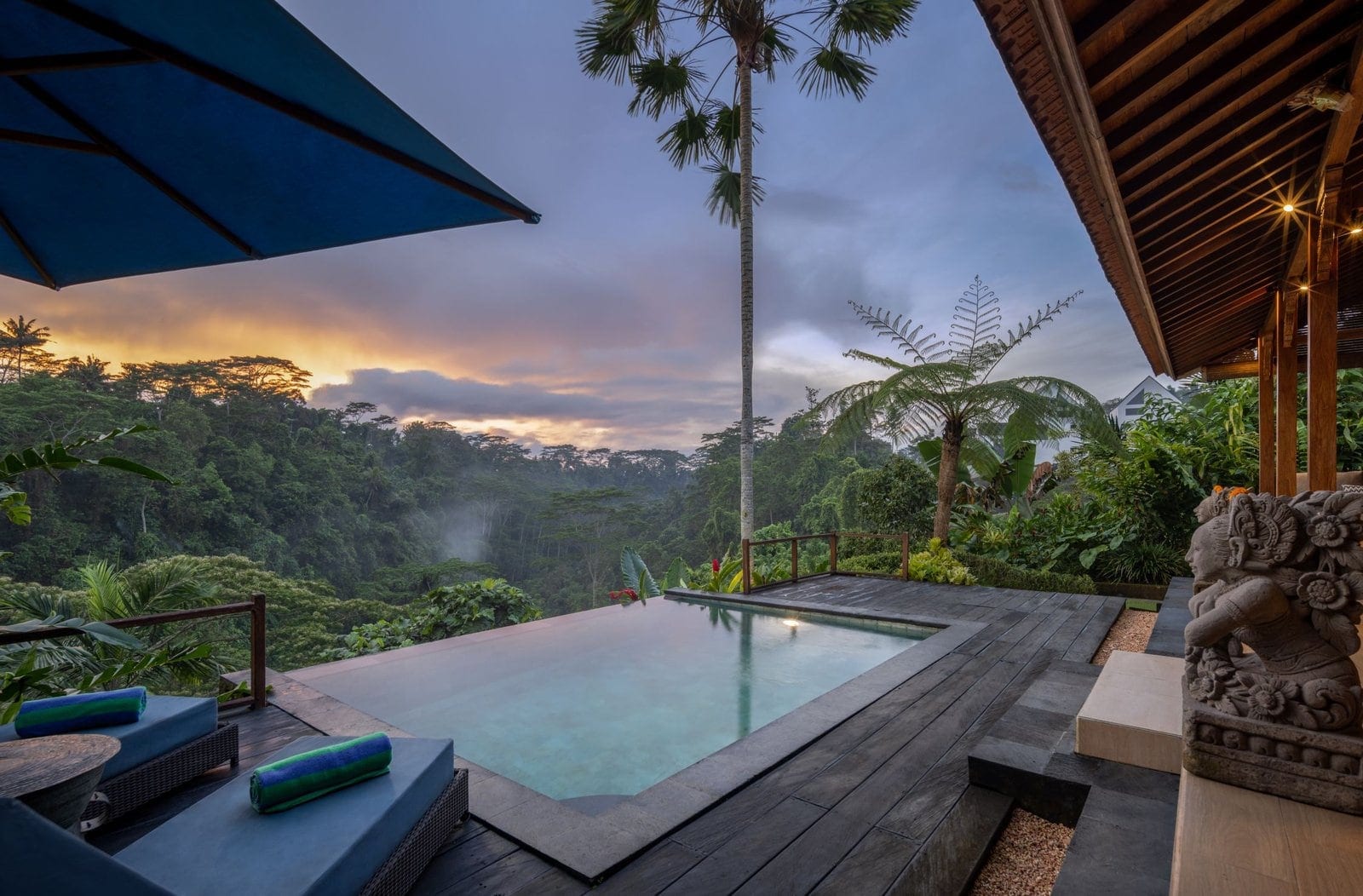 Infinity pool at Ubud Valley Resort looking out over a forested river valley at dusk
